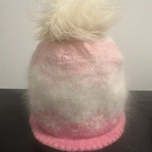 100% cashmere Cozy Pink and White Kids Beanie with Pom-Pom